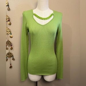 I.N.C. Women’s Lizard Green Y2K Style Ribbed Chainlink Neck cutout Knit Sweater